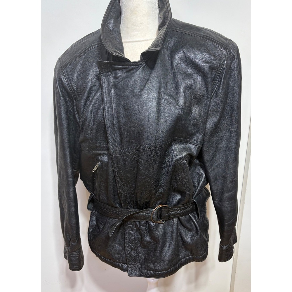 Romagnoli Vintage Black Leather Belted Moto Jacket Sherpa Lined Women L